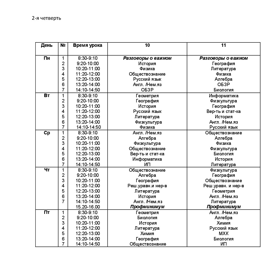 расписание 10-11-х классов